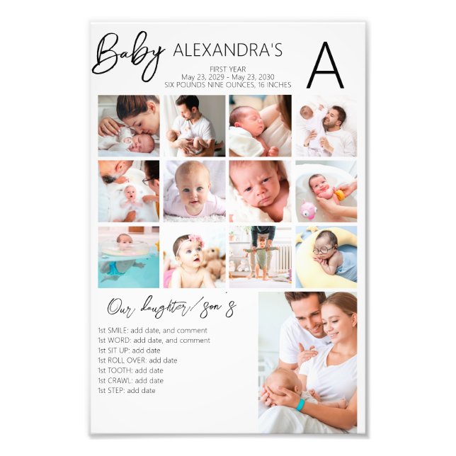 Baby First Year Photo Collage Family Keepsaké Fototryck (Framsidan)