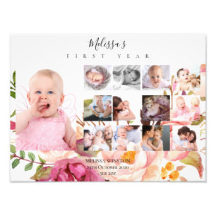 Baby First Year Photo Collage Keepsaké Blommigt Fototryck