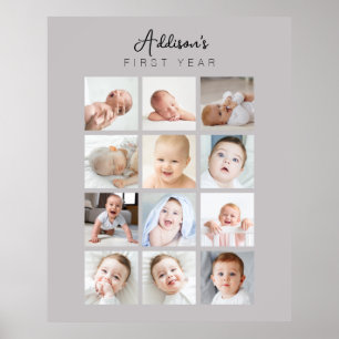 Baby First Year Photo Poster månatligt Warm Grått