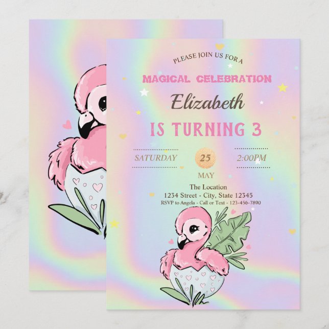 Baby Flamingo, holografisk födelsedag Inbjudningar (Fram/baksida)