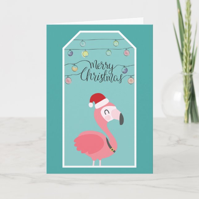 Baby flamingo med tomhatt och christmas ljus helgkort (Framsida)