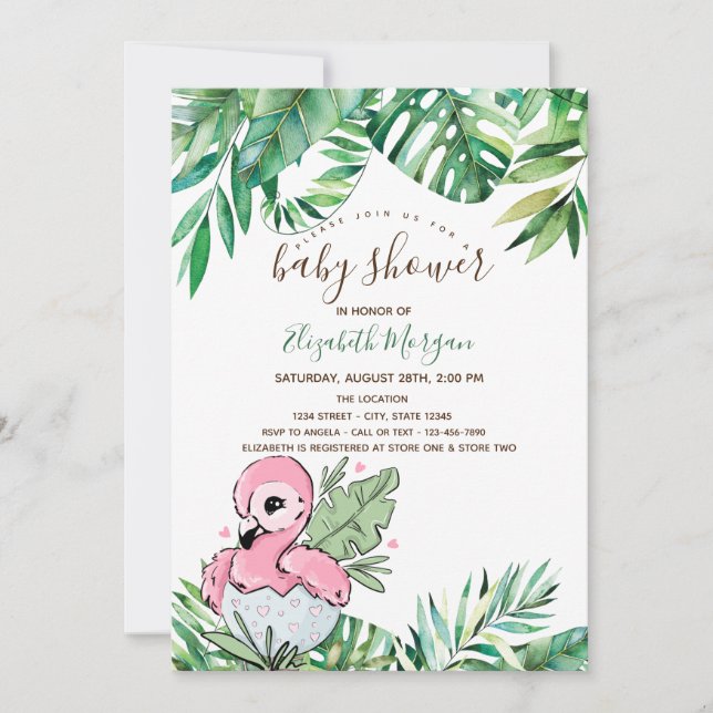 Baby Flamingo Tropiska blad Bebis shower Inbjudningar (Framsida)