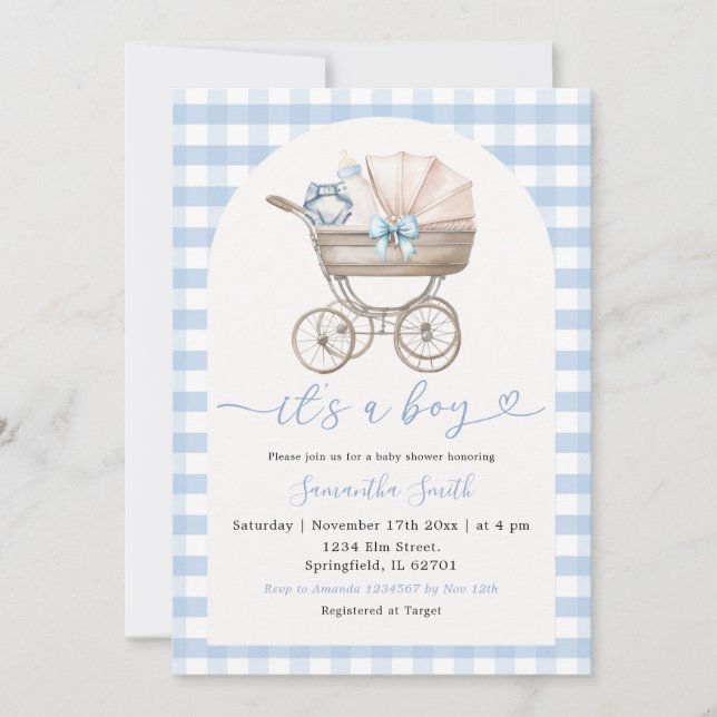 Baby Flaska Carriage Blue Gingham Baby Shower Inbjudningar (Framsida)