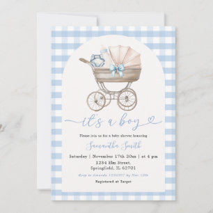 Baby Flaska Carriage Blue Gingham Baby Shower Inbjudningar