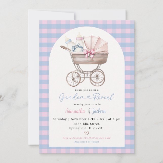 Baby Flaska Carriage Blue Rosa Gingham Baby Reveal Inbjudningar (Framsida)
