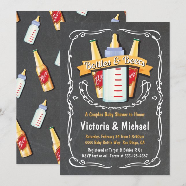 Baby, Flaskor och Öl, kalkylpanel för babyskor Inbjudningar (Fram/baksida)