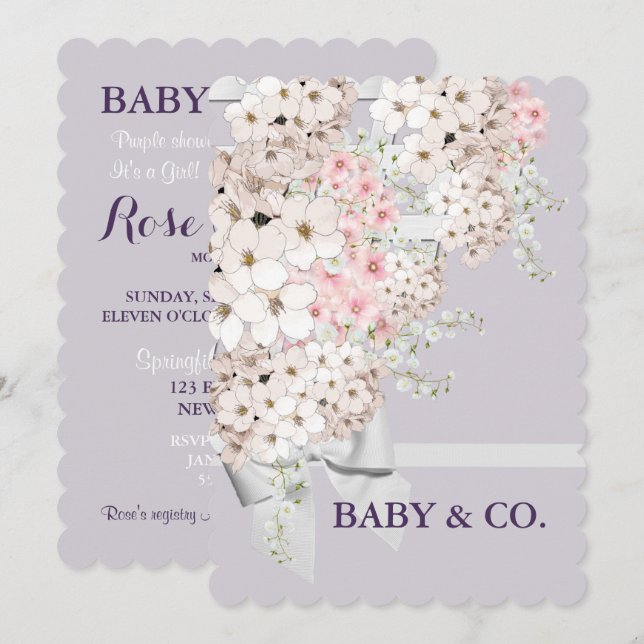 BABY Flowers & Lattice Firande Lavender Party Inbjudningar (Fram/baksida)