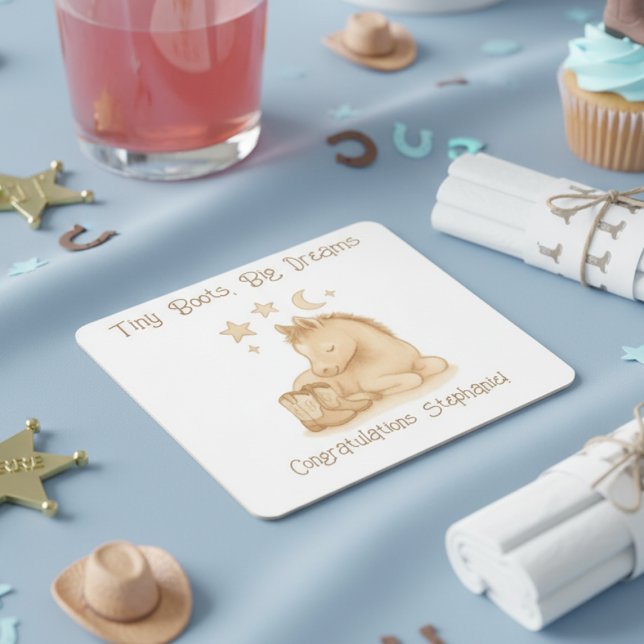 Baby Foal Cowboy Boots Baby Shower Underlägg Papper Kvadrat (Western baby shower drink coaster)