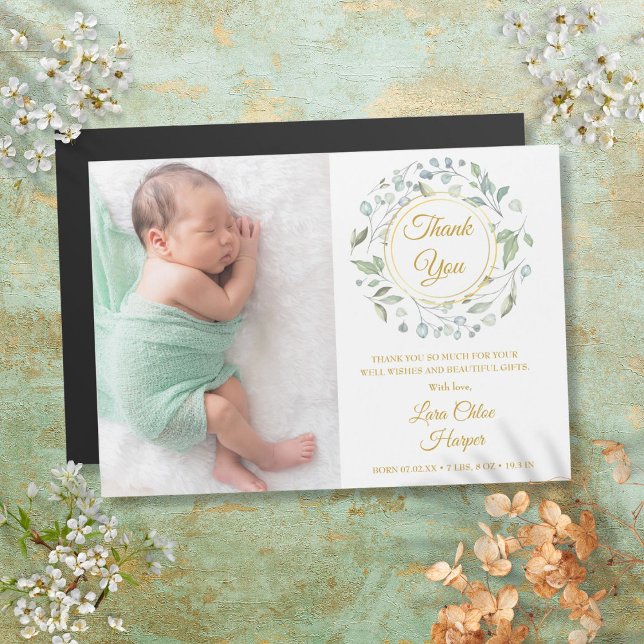 Baby födelse foto grönska Guld Tack  (Baby Birth Photo Greenery Gold Thank You)