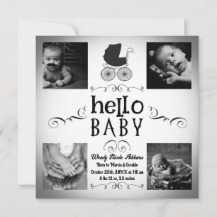 Baby födelse fotomeddelande svart & vit barnvagn inbjudningar
