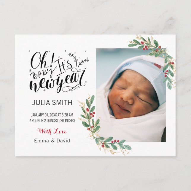 Baby födelse meddelande Foto Kort Elegant Blommig  (Framsida)