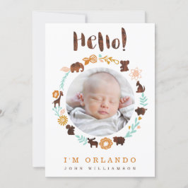 Baby födelseanmälningskort - trädsdjur meddelande