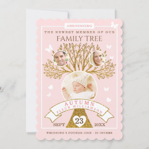 Baby födelsedag Rosa & Guld Familj Träd Meddelande