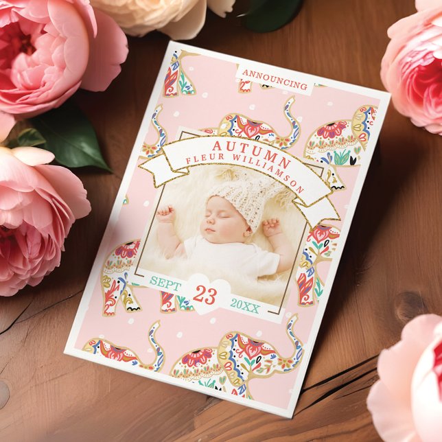 Baby födelsekort - dekorativt elefant meddelande (Baby Birth Announcement Card - Decorative Elephant)