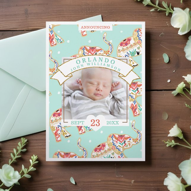 Baby födelsekort - dekorativt elefant meddelande (Baby Birth Announcement Card - Decorative Elephant)