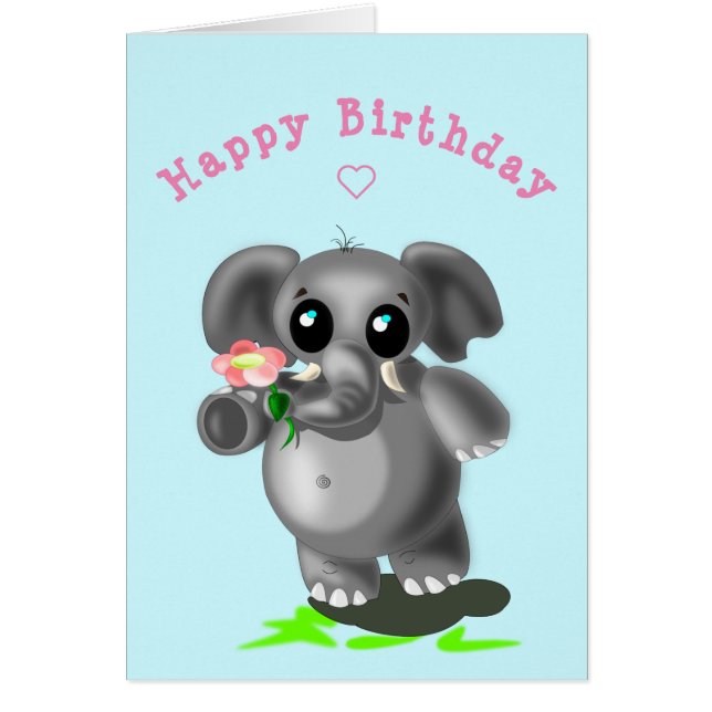 Baby födelsekort, liten elefant med blomma hälsningskort (Framsidan)