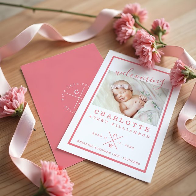 Baby födelsekort - Modern Rosa och vit Meddelande (Baby Birth Announcement Card - Modern Pink & White)