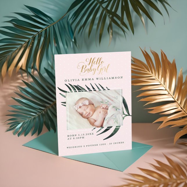 Baby födelsekort | Tropiska Handflatan Löv Meddelande (Baby Birth Announcement Card | Tropical Palm Leaf)