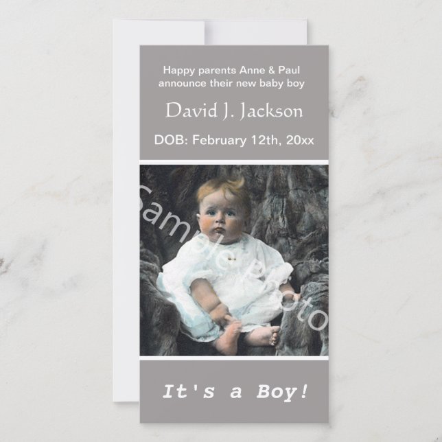 baby födelsemeddelande grått. lägg till ditt foto meddelande (Framsida)