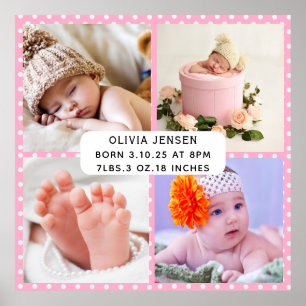 Baby födelsestatistik Fyra foto collage rosa prick Poster