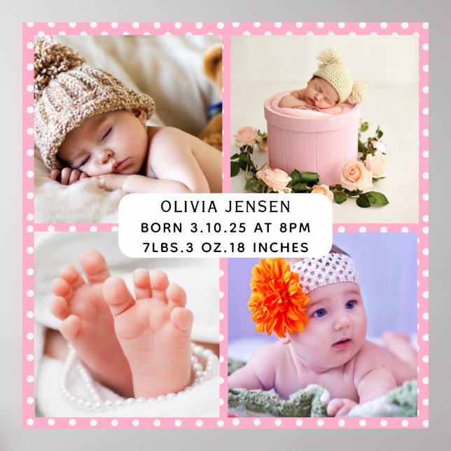Baby födelsestatistik Fyra foto collage rosa prick Poster (Framsidan)