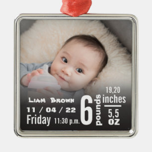 Baby födelsetter, födelserekord och julfoto julgransprydnad metall