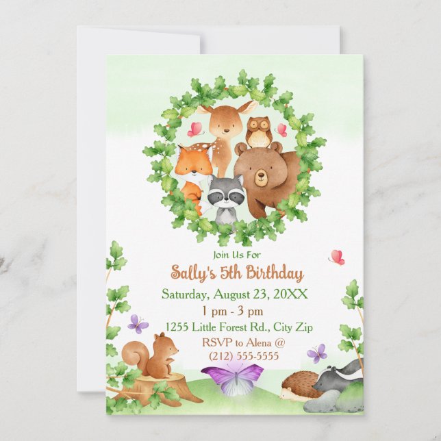 Baby Forest Animals Bear Raccoon Squirrel Birthday Inbjudningar (Framsida)
