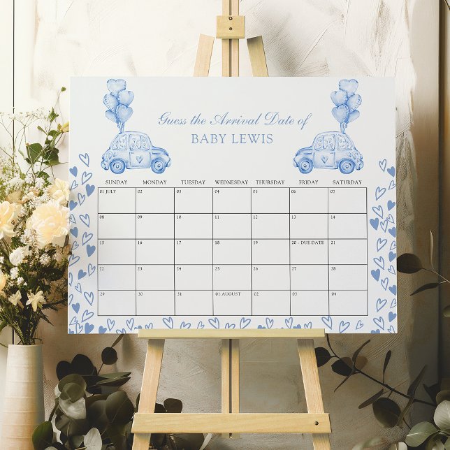 Baby förfallodag Kalender för babyskor Spelblått k Poster (Baby Shower Guess the Date Calendar Poster - available printed or digital - by Darling & May)