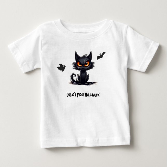 Baby först Halloween. Katt gult ögon. Redigerbar T Shirt (Framsida)