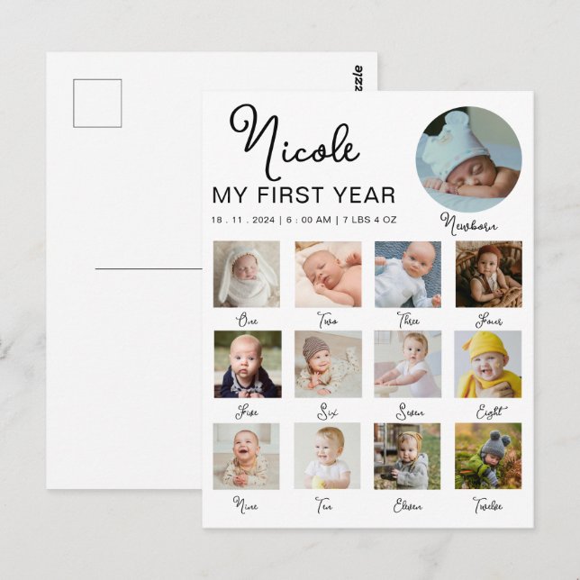 Baby Första Året 12 Månader Foto Collage Modern Vykort (Fram/baksida)