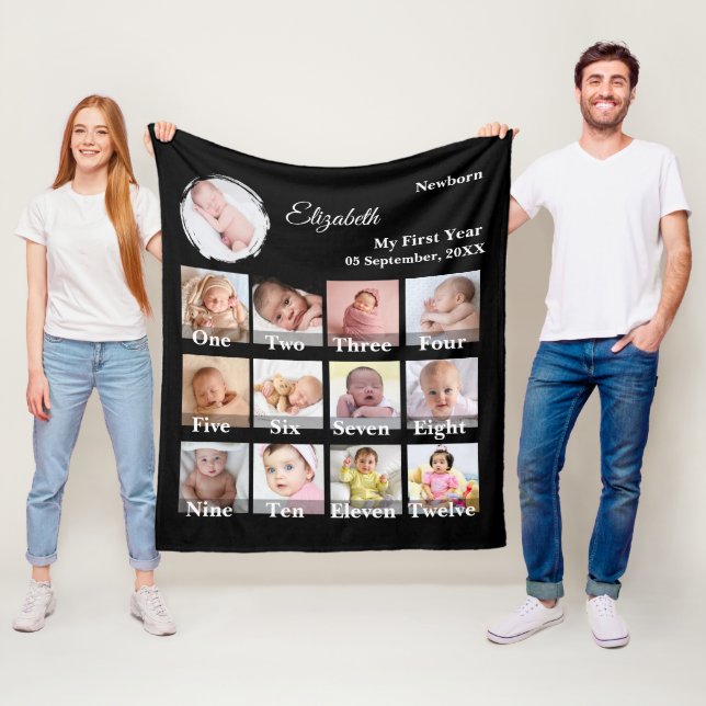 Baby Första Året 12 Månaders Fotokollage  Milstolp Fleecefilt (På plats)