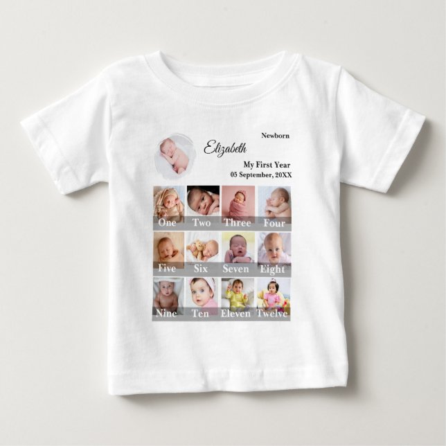 Baby Första Året 12 Månaders Fotokollage  Milstolp T Shirt (Framsida)
