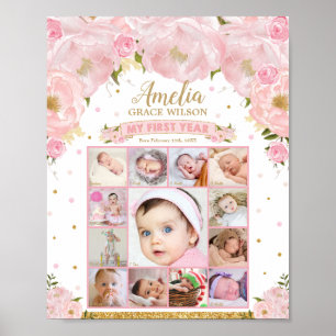 Baby första året Fotomilstolpe på födelsedag Poster