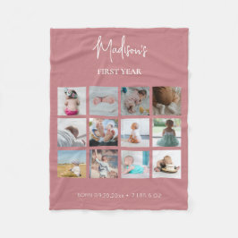 Baby första året Photo Collage Birth Stats Rosa Fleecefilt