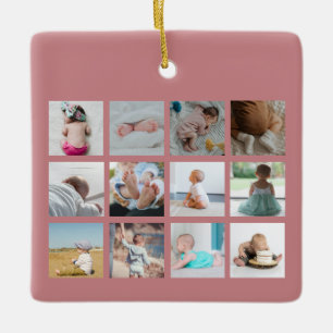 Baby första året Photo Collage Birth Stats Rosa Julgransprydnad Keramik