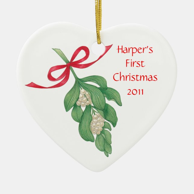 Baby första Christmas~Mistletoe prydnad Julgransprydnad Keramik (Framsidan)