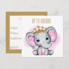 baby första födelsedag Princess elephant Inbjudningar
