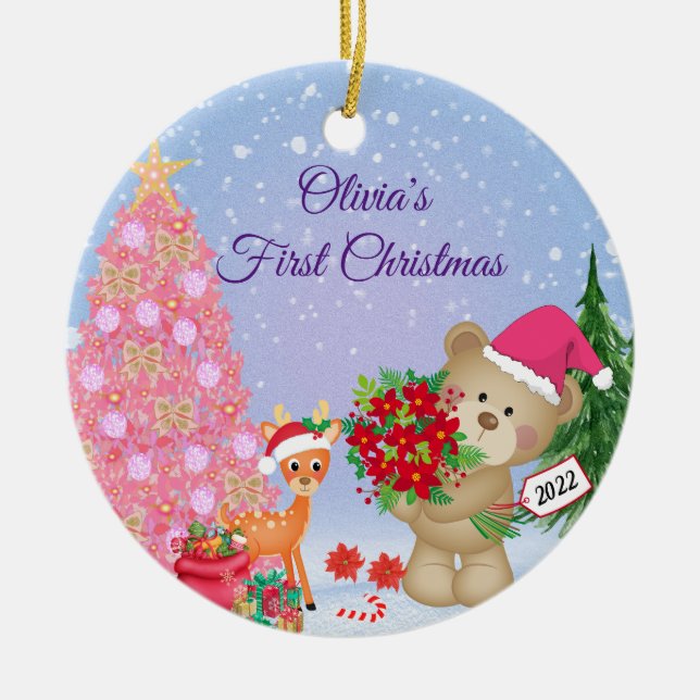 Baby Första jul Bear Personlig Julgransprydnad Keramik (Framsidan)