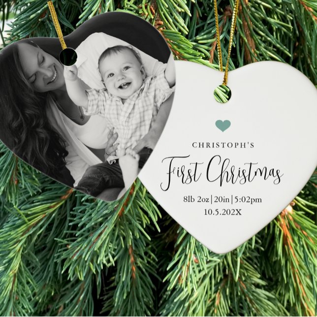Baby Första jul Birth Stats Photo Heart Julgransprydnad Keramik (Skapare uppladdad)