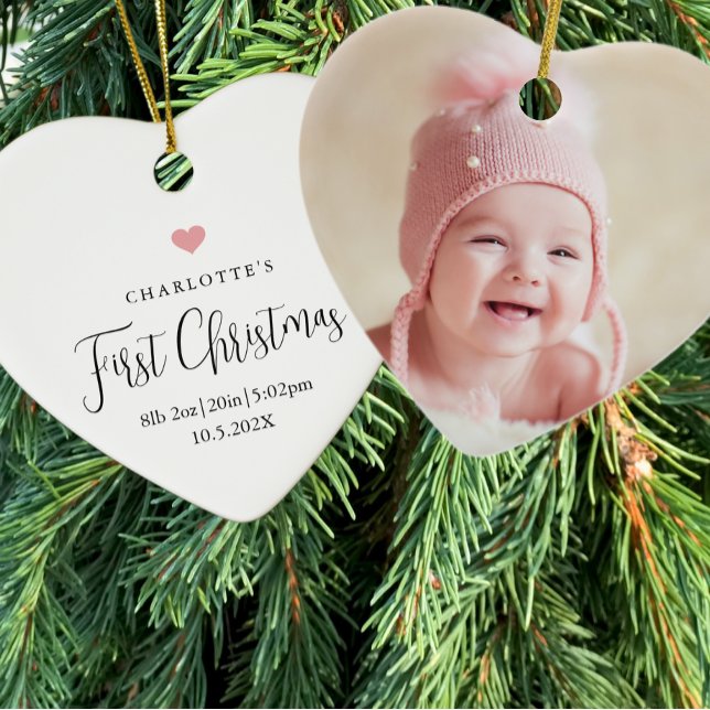 Baby Första jul Birth Stats Photo Heart Julgransprydnad Keramik (Skapare uppladdad)