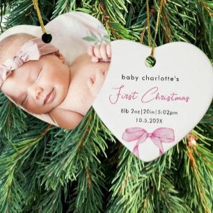 Baby Första jul Birth Stats Photo Rosa Bow Julgransprydnad Keramik