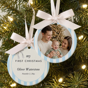 Baby första jul Blå rand fotoframställning Julgransprydnad Keramik