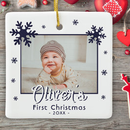 Baby Första jul Blue Snöflingor Photo Julgransprydnad Keramik
