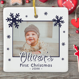 Baby Första jul Blue Snöflingor Photo Julgransprydnad Keramik