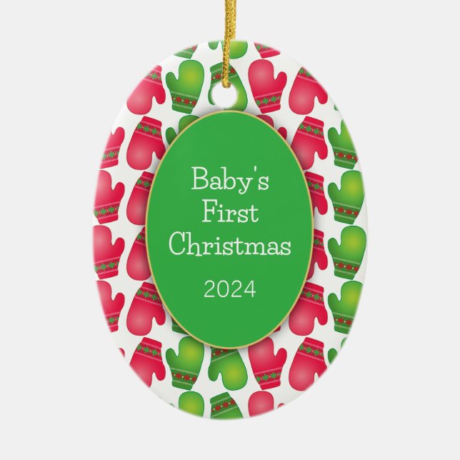 Baby Första jul, Cute Red & Grönt Mittens Julgransprydnad Keramik (Framsidan)