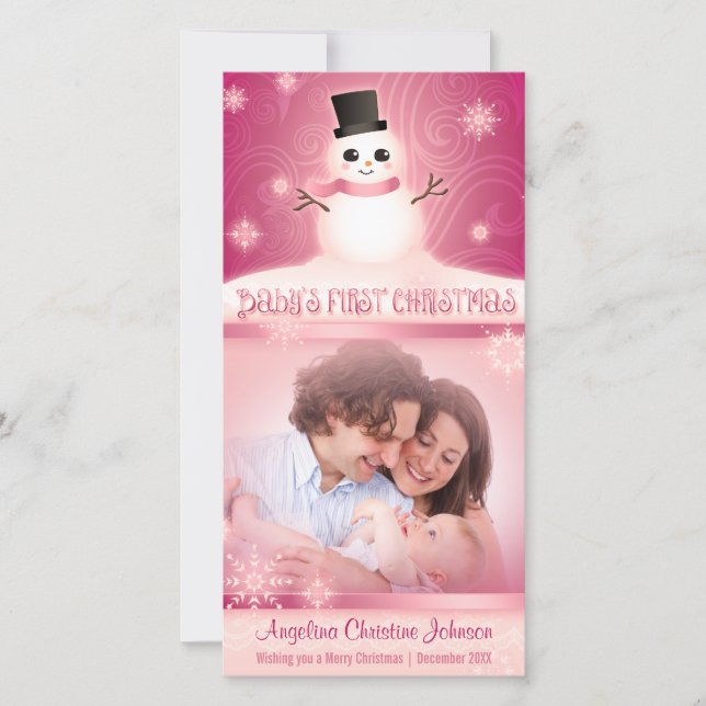 Baby Första jul Cute Snögubbe Rosa Julkort (Framsida)