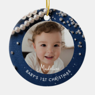 Baby Första Jul Denim Diamanter Pärlor Blå Julgransprydnad Keramik