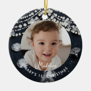 Baby Första Jul Denim Diamanter Pärlor Foto Julgransprydnad Keramik