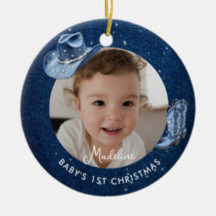 Baby Första Jul Denim Diamanter Rustik Cowgirl Julgransprydnad Keramik