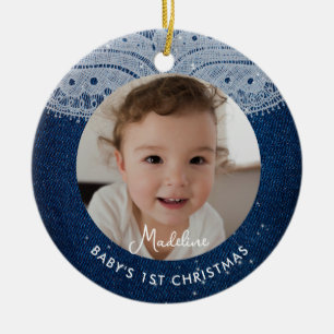 Baby Första Jul Denim Diamanter Rustik Spets Julgransprydnad Keramik